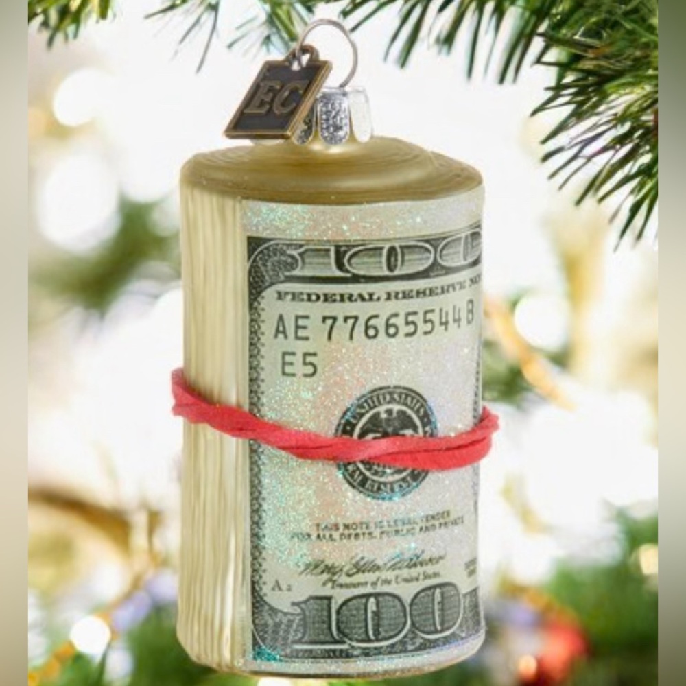 $100 Bill Money Roll Glass Christmas Ornament